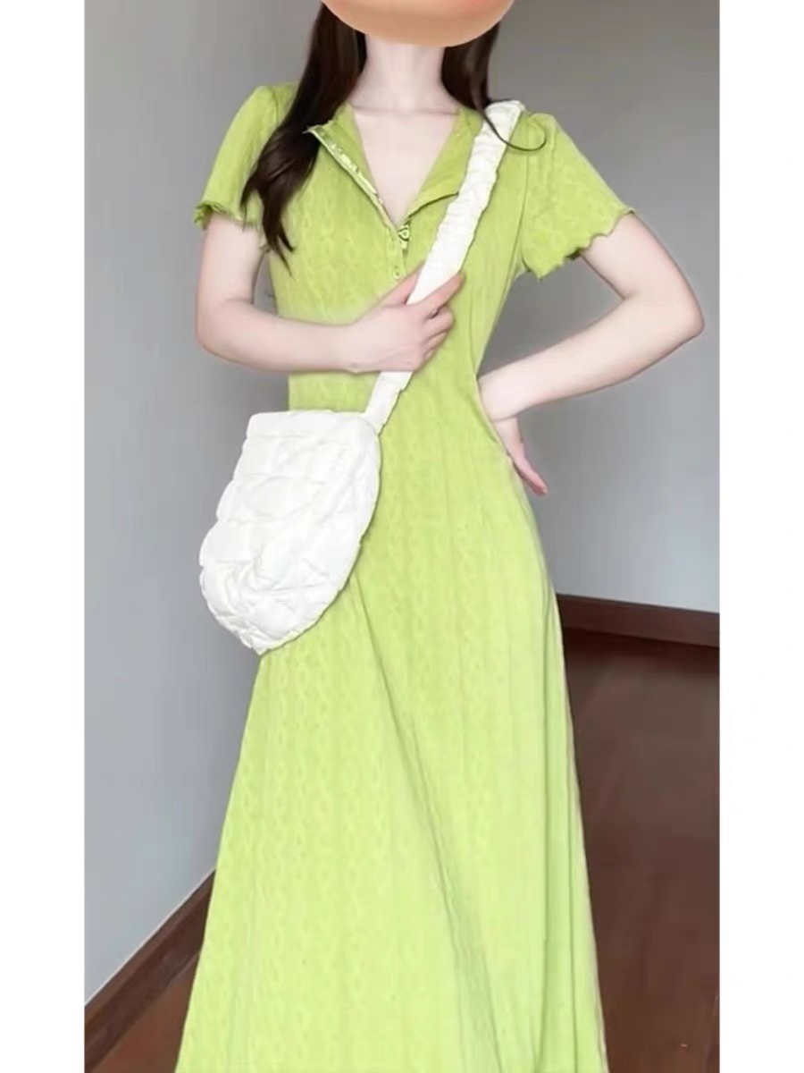 CHACHASTU French style design green dress women's summer short-sleeved mid-length figure-flattering skirt