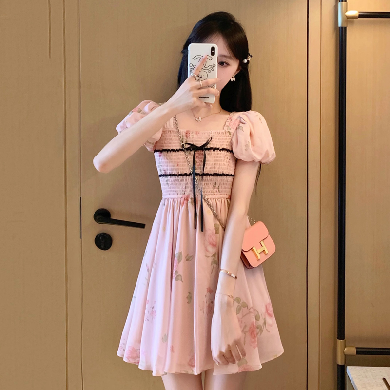 Original workmanship Xiaoxiangfeng dress 2024 new summer design waist pink puff sleeve floral skirt