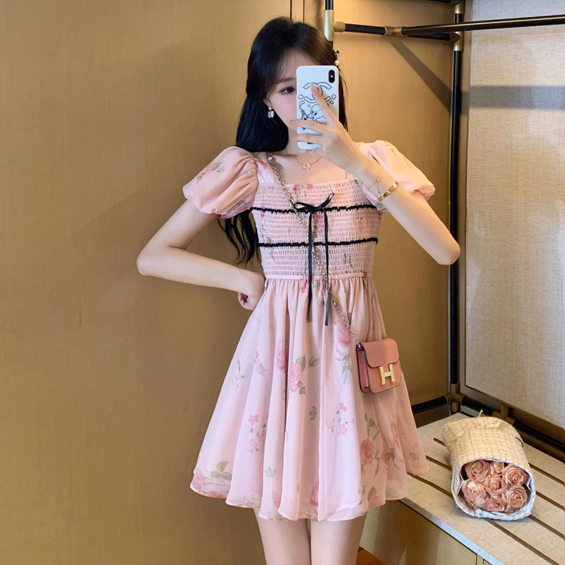 Original workmanship Xiaoxiangfeng dress 2024 new summer design waist pink puff sleeve floral skirt