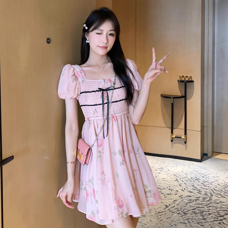 Original workmanship Xiaoxiangfeng dress 2024 new summer design waist pink puff sleeve floral skirt