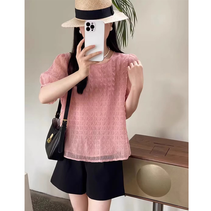 Original fabric Korean style babydoll shirt loose short-sleeved mesh round neck 2024 summer girl versatile chiffon shirt