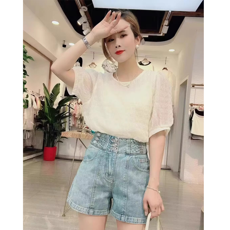 Original fabric Korean style babydoll shirt loose short-sleeved mesh round neck 2024 summer girl versatile chiffon shirt