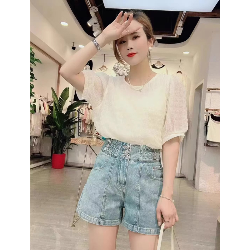 Original fabric Korean style babydoll shirt loose short-sleeved mesh round neck 2024 summer girl versatile chiffon shirt