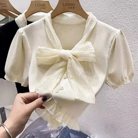 Niche ruffle bow stitching v-neck women's new summer French style top