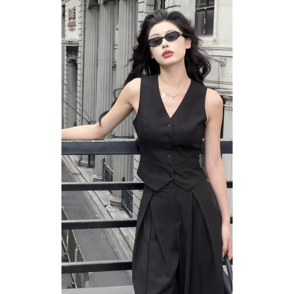 Black small fragrant style suit vest for women summer thin high-end fashionable pony clip sleeveless top