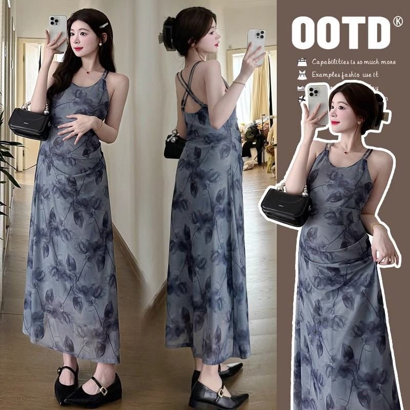 2024 new maternity wear summer wear new ink printed suspender long skirt slimming holiday style maternity dress trendy