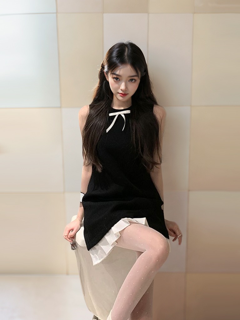 French retro-style bow-knot splicing skirt, ruffled suspender skirt, summer temperament, waist-cinching short dress