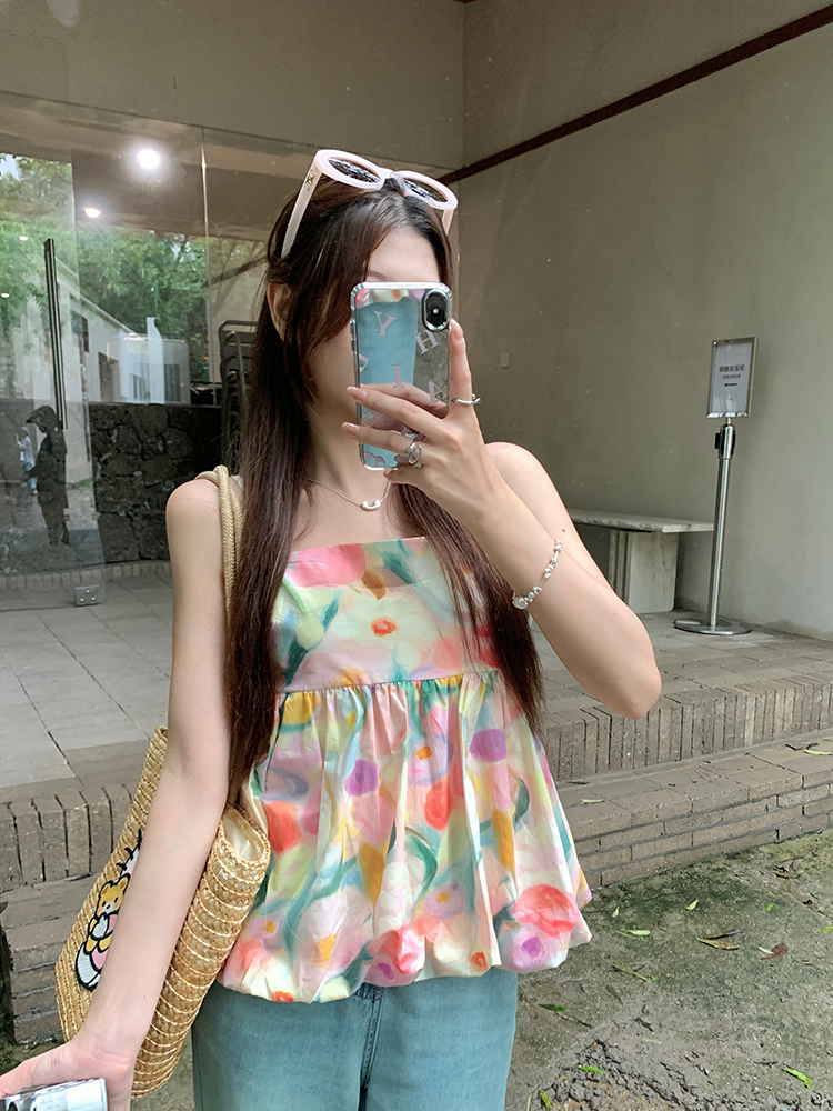 2024 Summer French Sweet Oil Painting Camisole Top Women's Korean Fashion Sleeveless Vest Doll Small Shirt