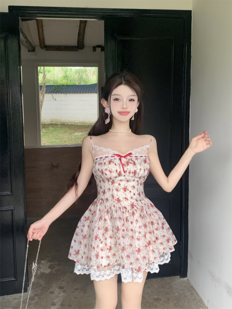 Real shot of cherry cheese polka dot floral sweet lace princess suspender dress for women summer