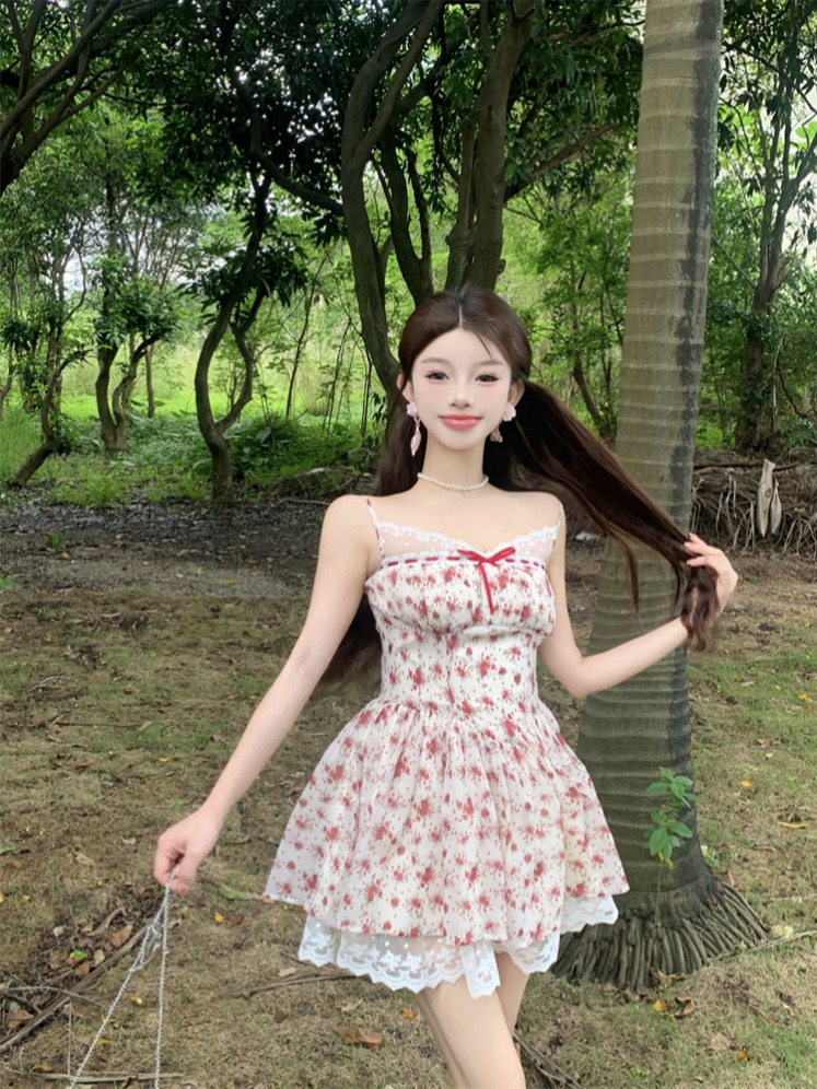 Real shot of cherry cheese polka dot floral sweet lace princess suspender dress for women summer