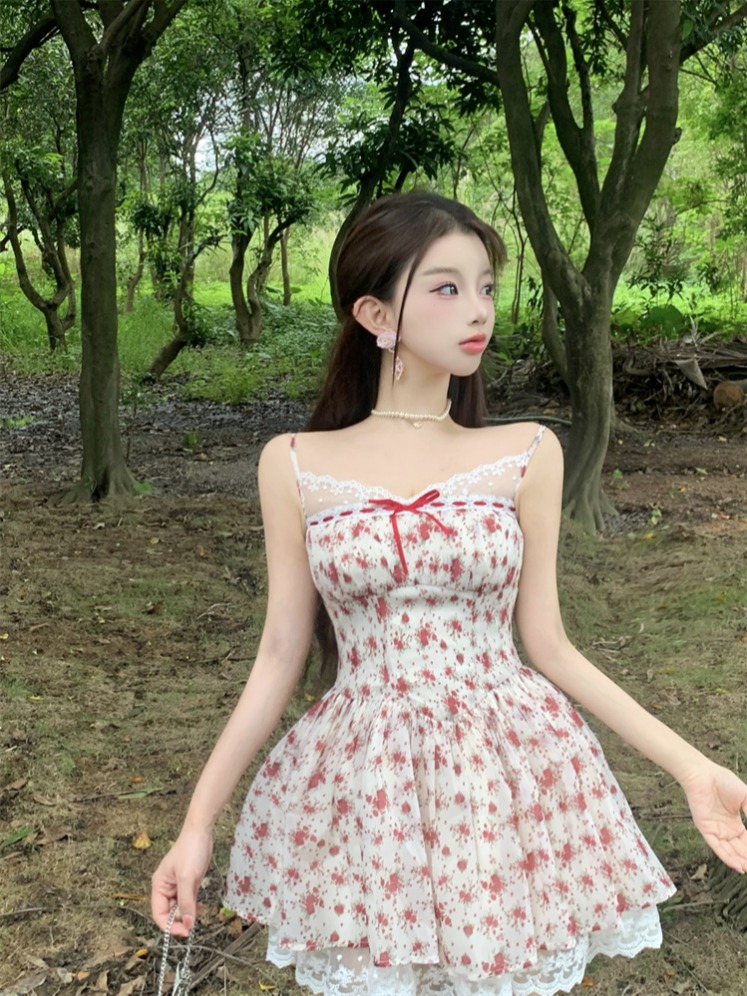 Real shot of cherry cheese polka dot floral sweet lace princess suspender dress for women summer