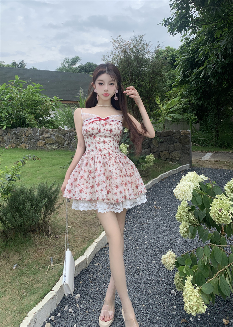 Real shot of cherry cheese polka dot floral sweet lace princess suspender dress for women summer