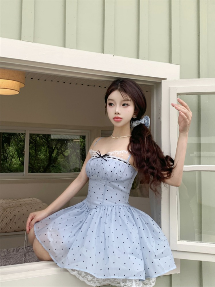 Real shot blue cheese polka dot floral sweet lace princess suspender dress for women summer