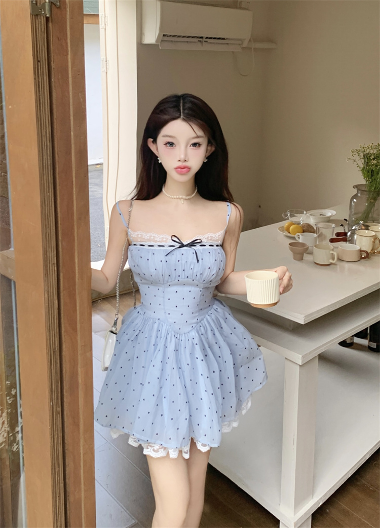 Real shot blue cheese polka dot floral sweet lace princess suspender dress for women summer