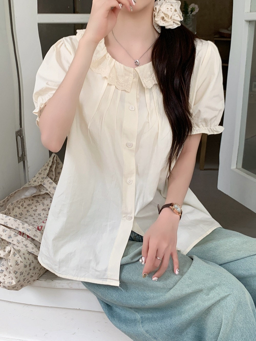 Pure cotton real shot summer new style puff sleeve blue short top design short sleeve doll collar shirt for women