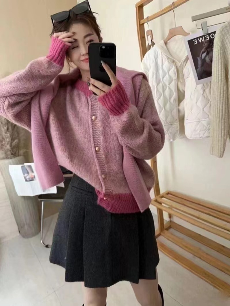 2024 new autumn style pink sweater jacket for women thickened lazy style knitted cardigan top