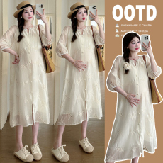 批发实拍 2026夏季新款设计感遮肚A版圆领重工刺绣孕妇连衣裙