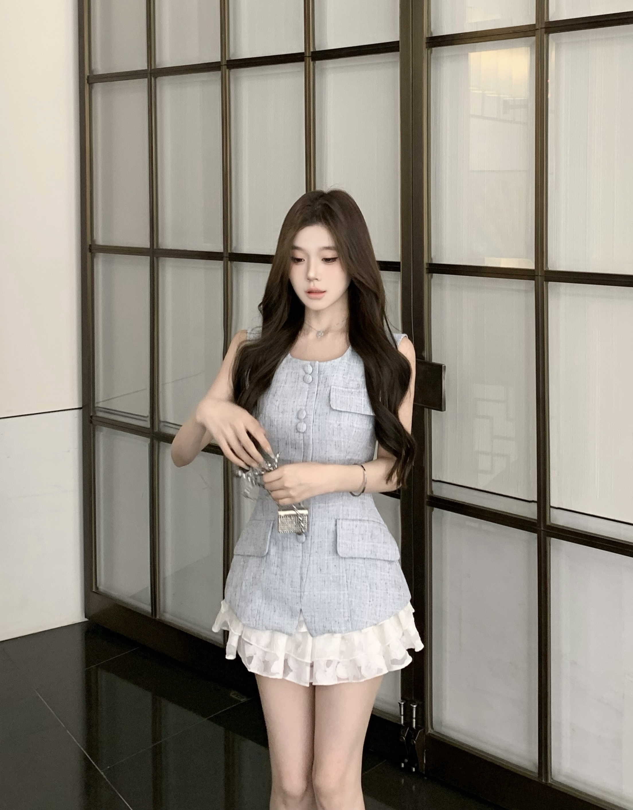 Xiaoxiang Style Waist Vest Women's Summer Sleeveless Vest Top + Cake Skirt Women's Drawstring Skirt