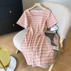 批发实拍 大货 2026<b class='q'>夏</b>季新款设计感条纹撞色短袖<b class='q'>连衣裙</b>方领休闲裙子女