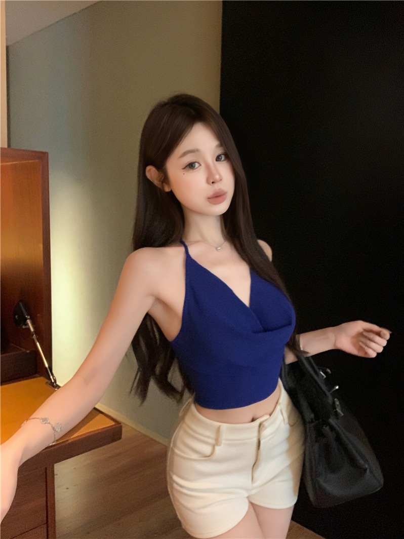 정가 실사 Jiao 욕망 함정 로얄 블루 섹시함 디스플레이 화이트 흔들다 칼라 몸매 가꾸기 캐미솔 백리스 쇼트 스타일 맨위