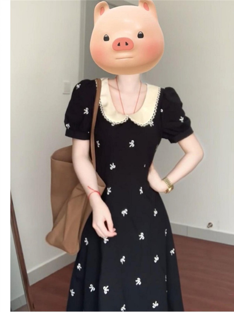 MY8432# 大码法式泡泡袖娃娃领连衣裙新款甜美气质收腰显瘦黑色长裙女裝貨源服裝批發