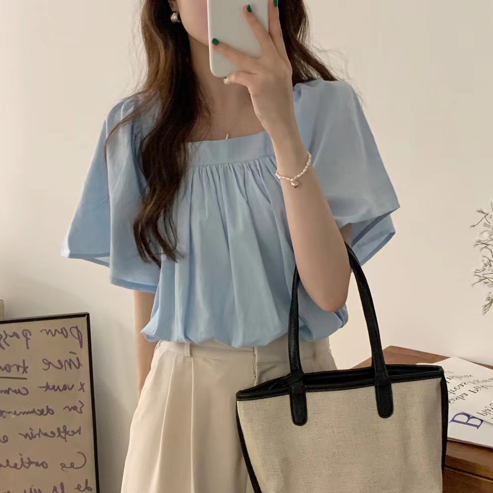 한국 chic 기질 틈새 시장 탄력있는 접기 광장 칼라 짧은 단락 느슨한 빅 벨 슬리브 짧은 소매 셔츠 맨위
