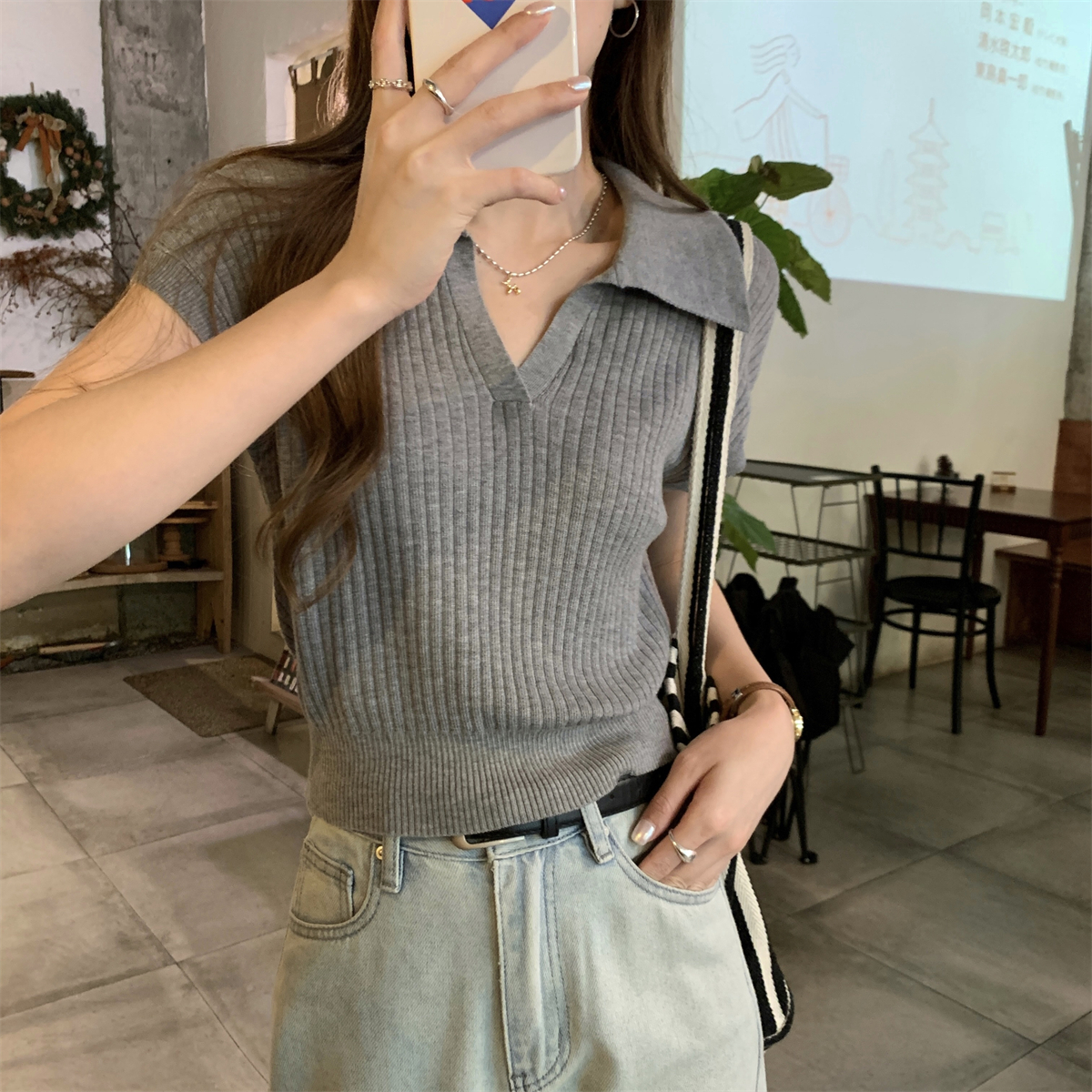 實拍 夏季韓版氣質polo領坑條純色6羊毛輕薄針織衫短袖上衣