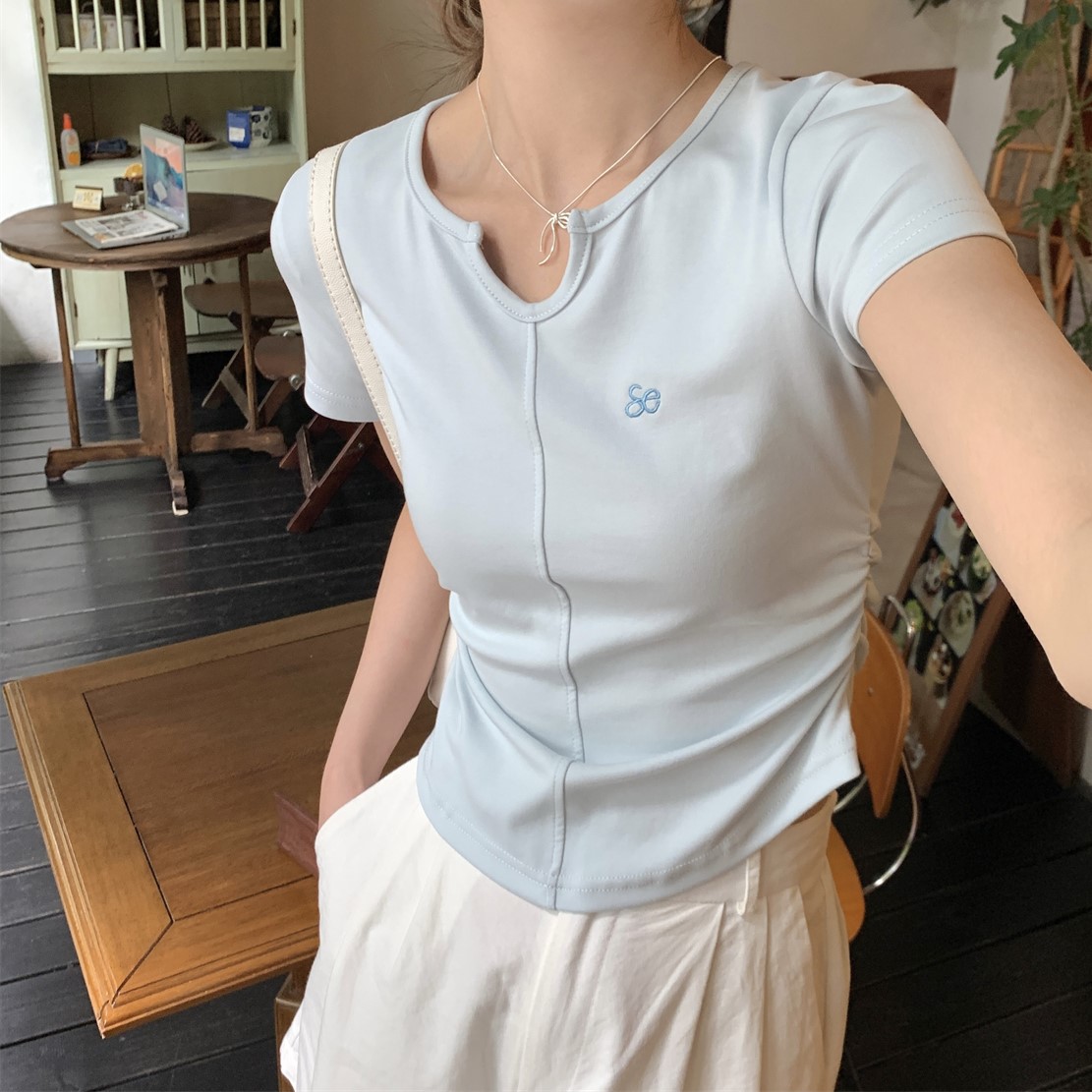 實拍 夏季韓版半開領正肩魚骨設計感百搭純棉短袖T恤上衣