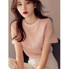 批发粉色针织短袖<b class='q'>t</b><b class='q'>恤</b><b class='q'>女</b>新款欧货洋气小衫夏季甜美上衣超好看正肩