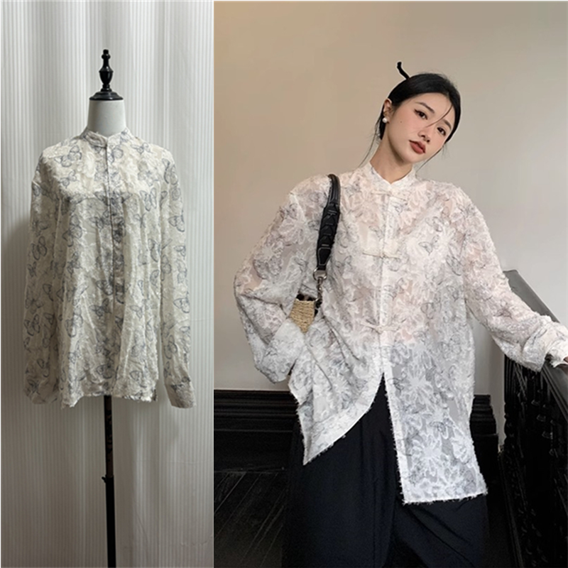 3/29 20:00 New Chinese style spring and summer lightweight sunscreen printed long-sleeved button-up shirt