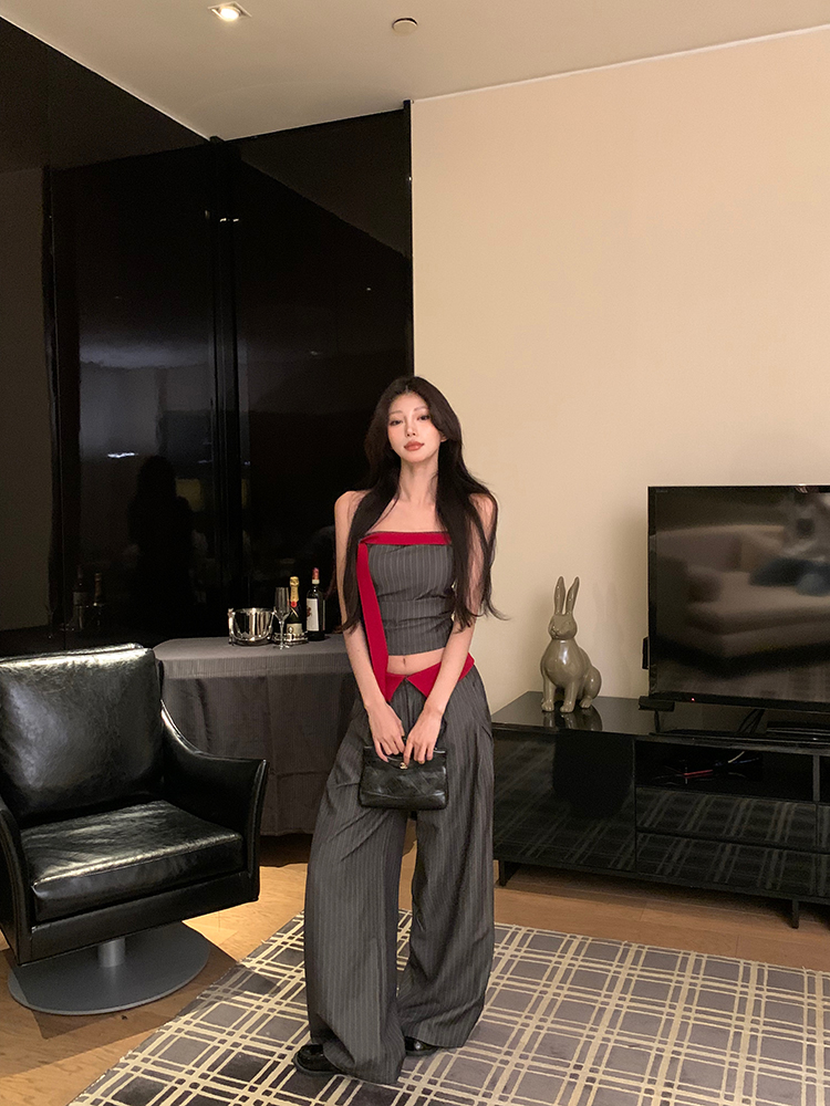 實拍 原創設計夏季新款純欲辣妹風氣質休閒條紋設計感三件套