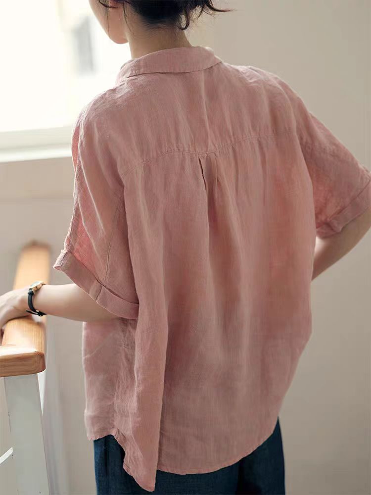 Talking with Mountain Listening Japanese style artistic yarn-dyed linen shirt French retro style loose shirt top women summer 0106