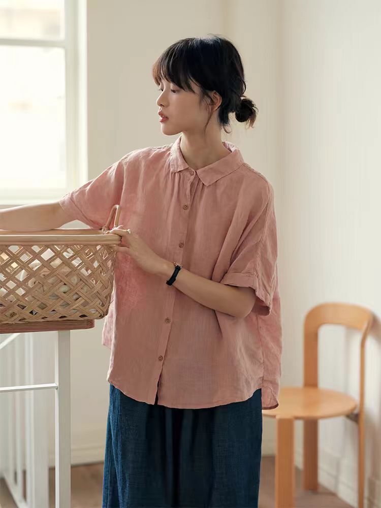 Talking with Mountain Listening Japanese style artistic yarn-dyed linen shirt French retro style loose shirt top women summer 0106