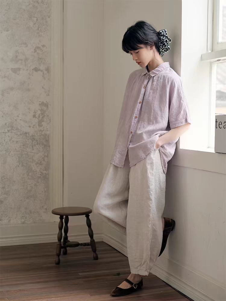 Talking with Mountain Listening Japanese style artistic yarn-dyed linen shirt French retro style loose shirt top women summer 0106