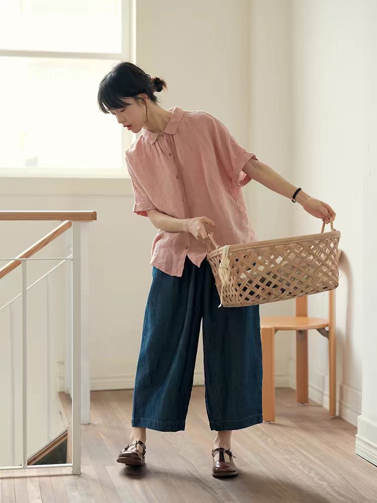 Talking with Mountain Listening Japanese style artistic yarn-dyed linen shirt French retro style loose shirt top women summer 0106