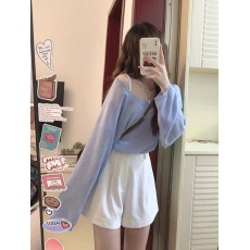 批发蓝色休闲气质上衣套装裤女新款夏季高级感小洋装阔腿裤两件套