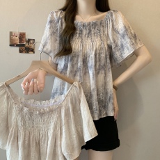 批发实拍<b class='q'>大码</b>胖MM夏季新款法式方领重工塑形扎染短袖遮肚显瘦<b class='q'>雪纺</b><b class='q'>上衣</b>