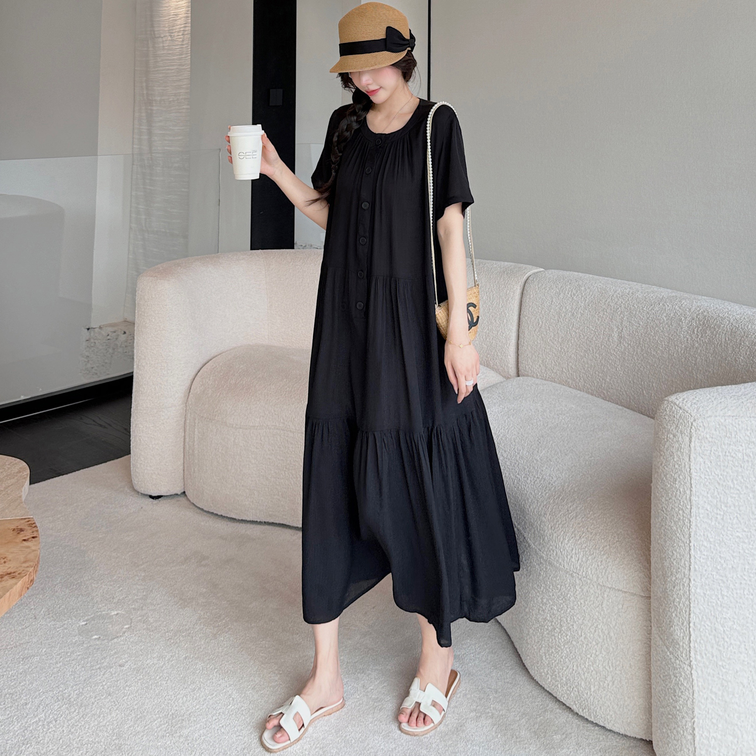 PF14242#肌理感法式小黑裙休闲显瘦小众设计连衣裙女女裝貨源服裝批發