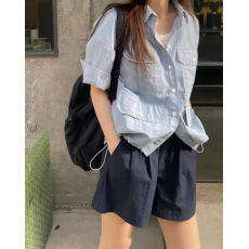 批发多口袋重工工装上衣女韩国复古翻领宽松直筒设计感下摆抽绳薄外套