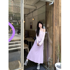 批发实价实拍随意时髦紫色<b class='q'>吊带</b>连衣裙薄款露肩防晒罩衫两件套女夏新款