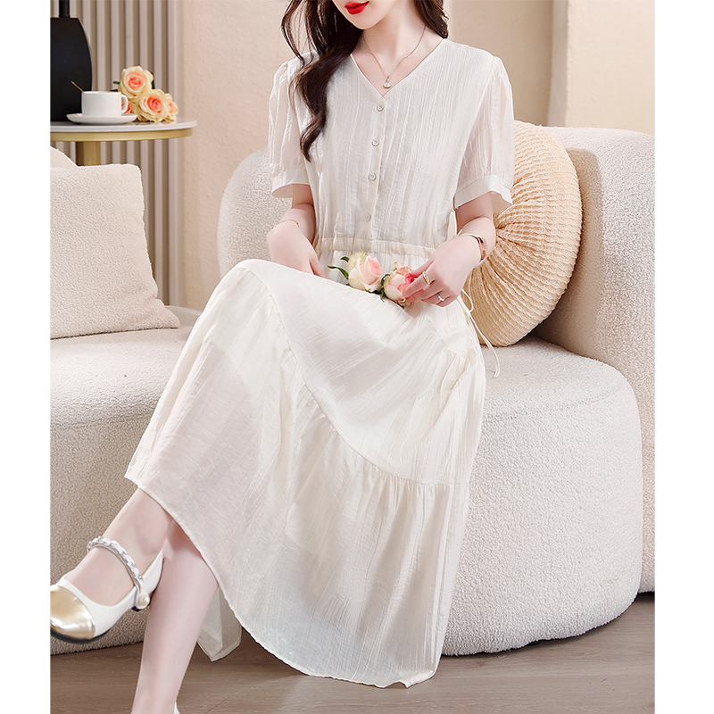 실사 나노 기사 통기성 속도 건조한 V넥 드레스 여름 2026 새로운 허리 수축 슬림해 보이는 품격 치마