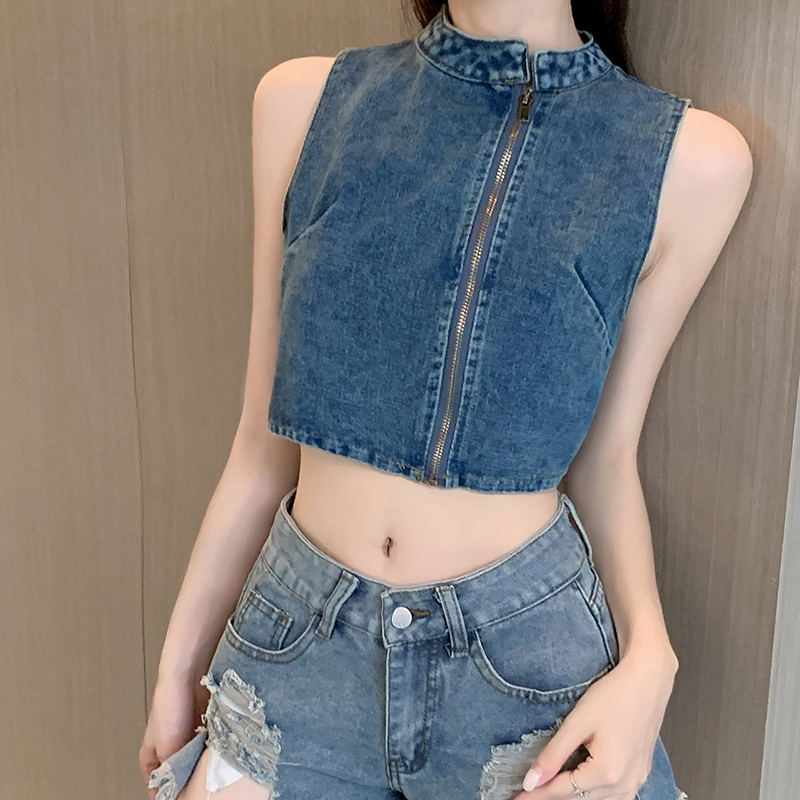 Actual shot ~ hot girl zipper denim suspender summer new niche sleeveless short vest for hot girls to wear outside trendy