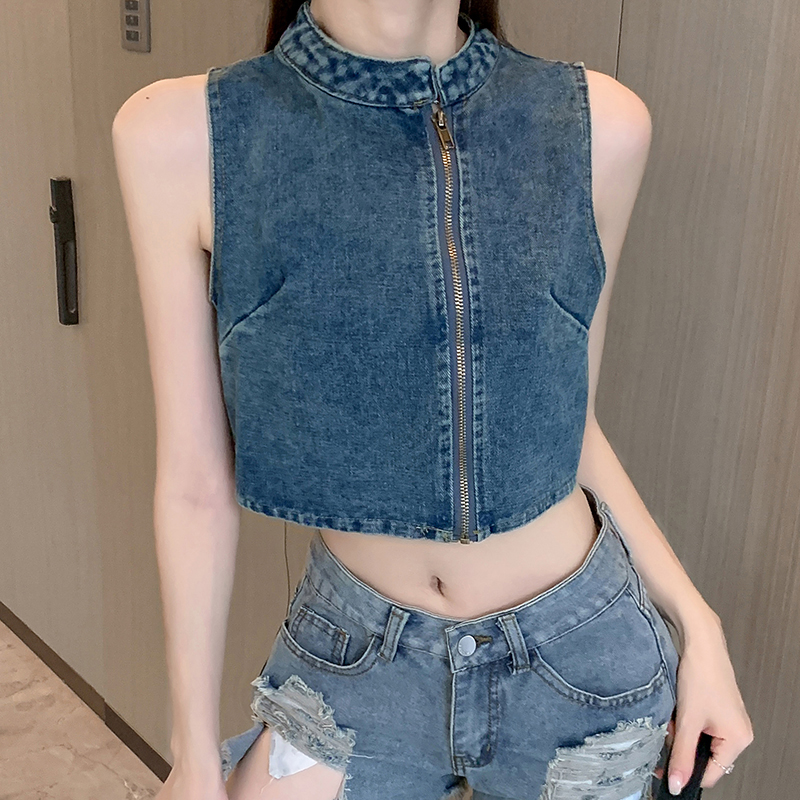 Actual shot ~ hot girl zipper denim suspender summer new niche sleeveless short vest for hot girls to wear outside trendy