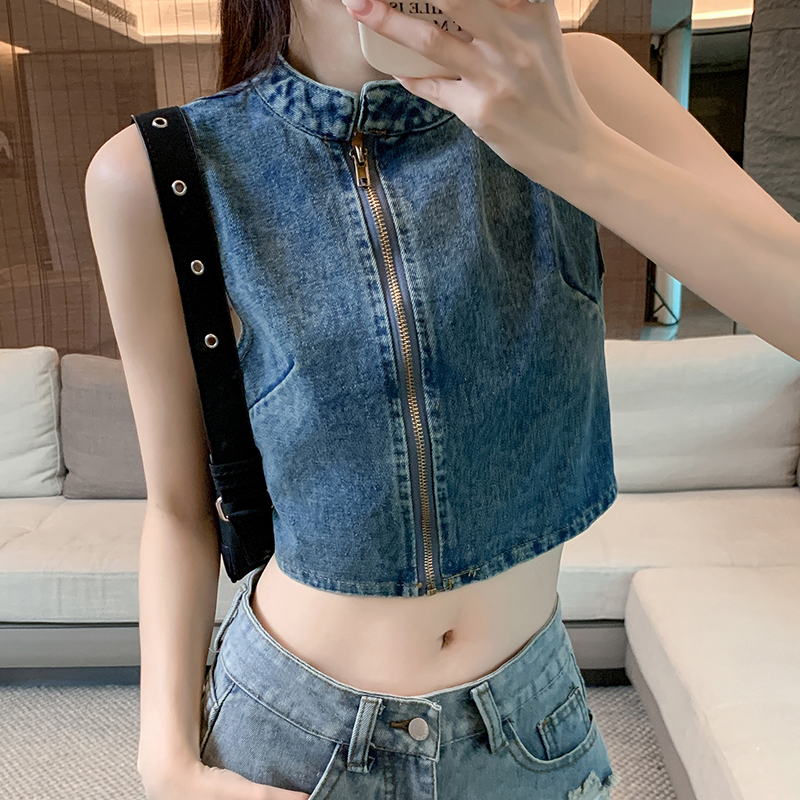 Actual shot ~ hot girl zipper denim suspender summer new niche sleeveless short vest for hot girls to wear outside trendy