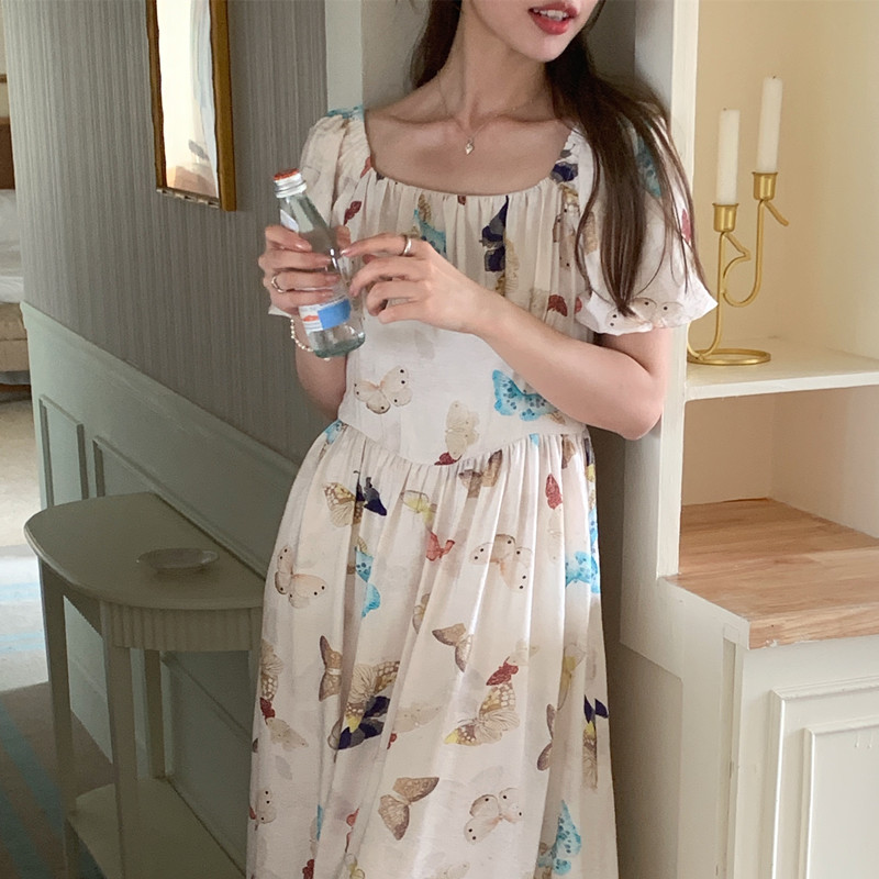 실사 곤충 낙원 나비 프랑스식 광장 칼라 거품 소매 팬지 드레스 2 색