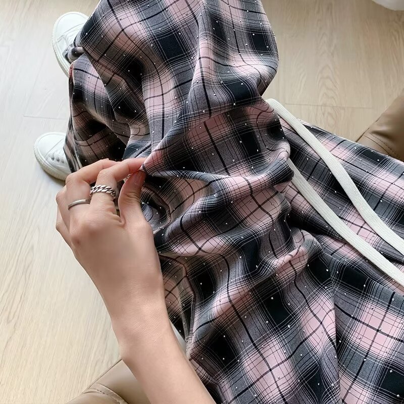 Hot diamond casual wide-leg pants for women summer elastic high-waisted drawstring straight plaid pants for small people contrasting color plaid pants