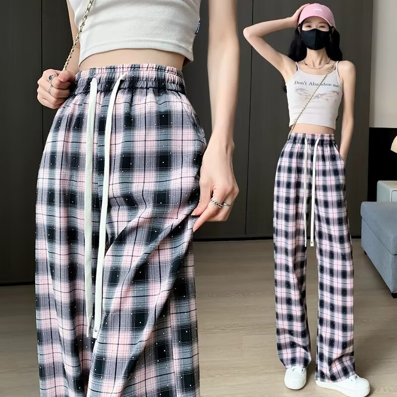 Hot diamond casual wide-leg pants for women summer elastic high-waisted drawstring straight plaid pants for small people contrasting color plaid pants