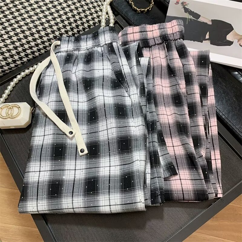 Hot diamond casual wide-leg pants for women summer elastic high-waisted drawstring straight plaid pants for small people contrasting color plaid pants