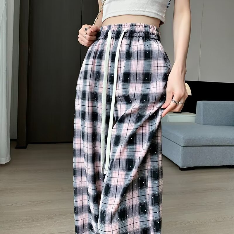 Hot diamond casual wide-leg pants for women summer elastic high-waisted drawstring straight plaid pants for small people contrasting color plaid pants