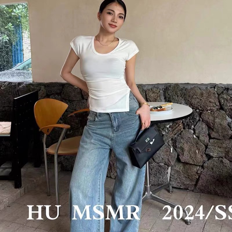 HU MSMR家2024夏季新款纯色短袖正肩T恤女开叉不对称紧身短上衣潮